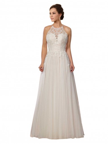 Sleeveless Ivory Illusion Neck Sweep Train Tulle A-Line Wedding Dresses Brisbane