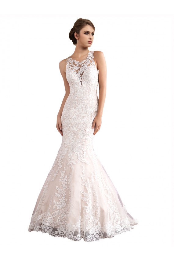 Sleeveless Ivory & Champagne Illusion Neck Tulle & Lace Mermaid Wedding Dresses Brisbane