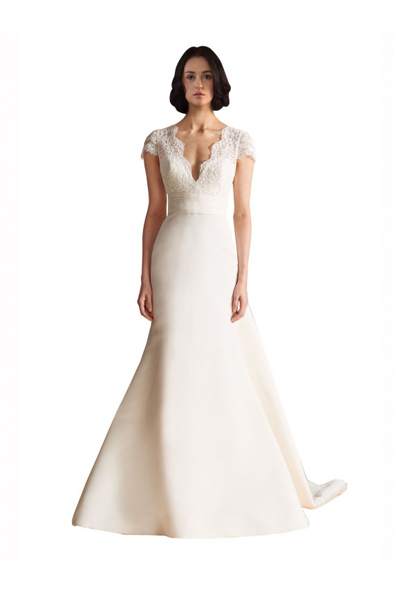 Cap Sleeves V-Neck Keyhole Back Satin A-Line Wedding Dress Brisbane
