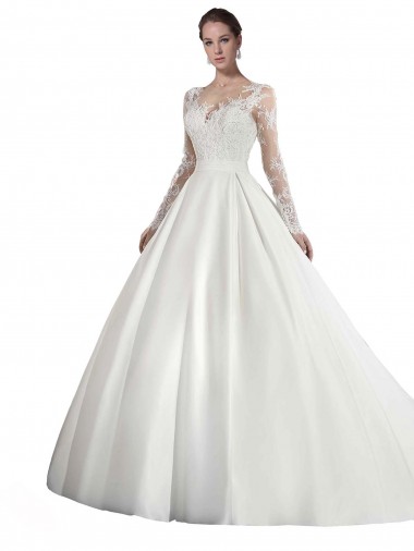 Long Sleeves Illusion Neck Satin & Lace A-Line Wedding Dress Brisbane