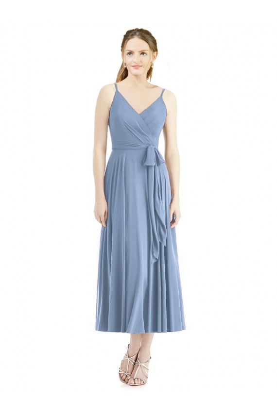 Sleeveless Dusty Blue Spaghetti Straps Soft Chiffon A-Line Bridesmaid Dress Brisbane