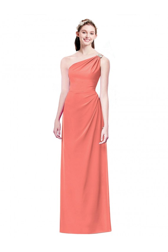 Sleeveless Coral One Shoulder Soft Chiffon A-Line Bridesmaid Dress Brisbane