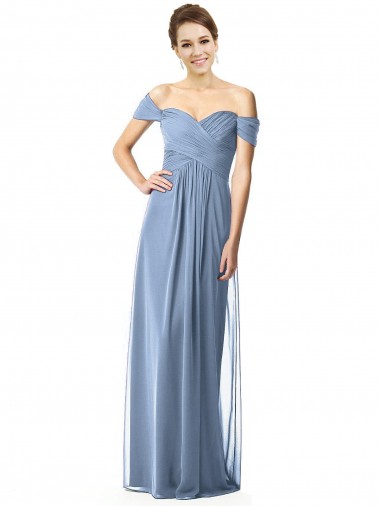 Cap Sleeves Dusty Blue Off the Shoulder Soft Chiffon A-Line Bridesmaid Dress Brisbane
