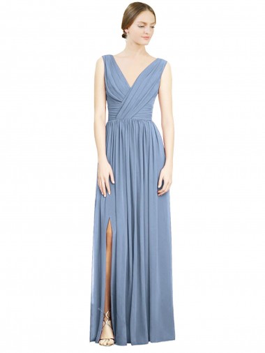 Sleeveless Dusty Blue V-Neck Soft Chiffon A-Line Semi Formal Evening Dress / Bridesmaid Dress Brisbane
