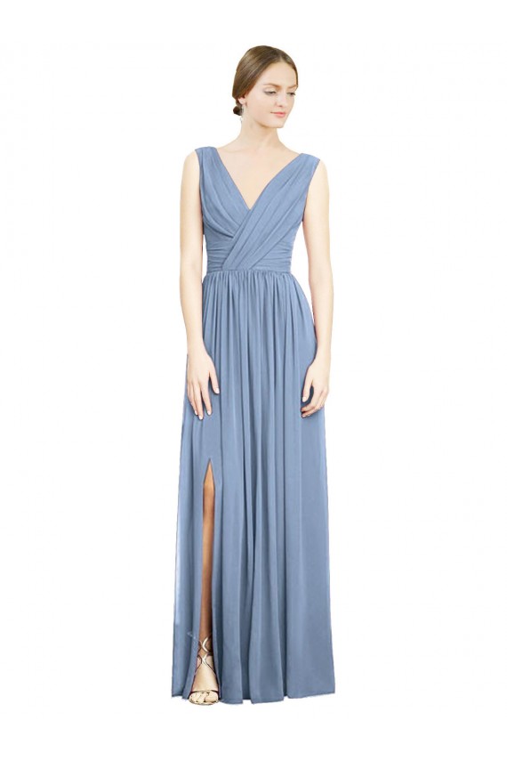 Sleeveless Dusty Blue V-Neck Soft Chiffon A-Line Semi Formal Evening Dress / Bridesmaid Dress Brisbane