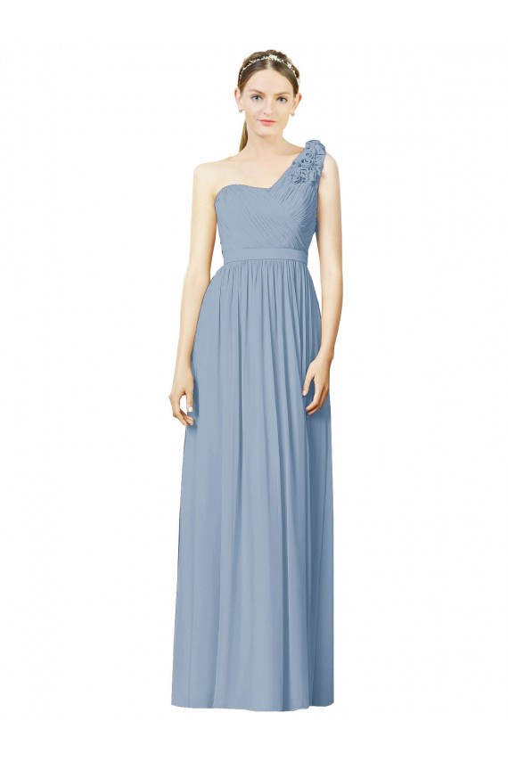 Sleeveless Dusty Blue One Shoulder Soft Chiffon A-Line Bridesmaid Dress Brisbane