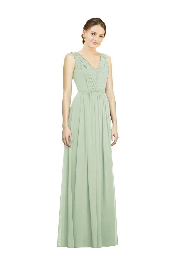 Sleeveless Sage V-Neck V-Back Soft Chiffon A-Line Bridesmaid Dress Brisbane