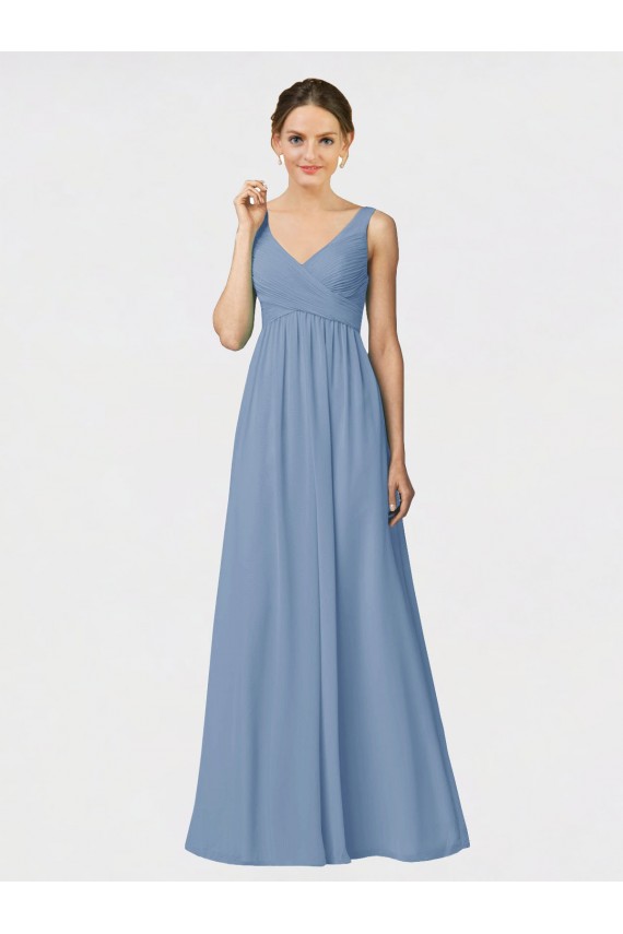 Sleeveless Dusty Blue Spaghetti Straps Soft Chiffon A-Line Bridesmaid Gown Brisbane