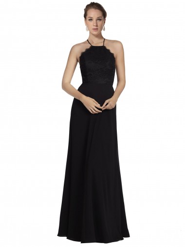 Sleeveless Halter Neck Open Back Soft Chiffon & Lace A-Line Bridesmaid Gown Brisbane