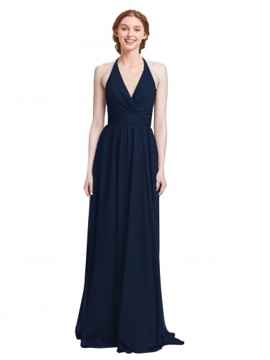 Sleeveless Dark Navy Halter Neck Chiffon A-Line Formal Dress / Bridesmaid Dress Brisbane