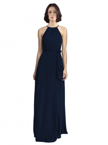 Sleeveless Dark Navy Halter Neck Chiffon A-Line Evening Gowns / Bridesmaid Dresses Brisbane