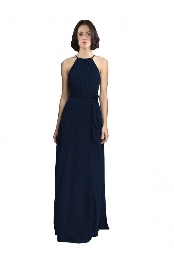 Sleeveless Dark Navy Halter Neck Chiffon A-Line Evening Gowns / Bridesmaid Dresses Brisbane