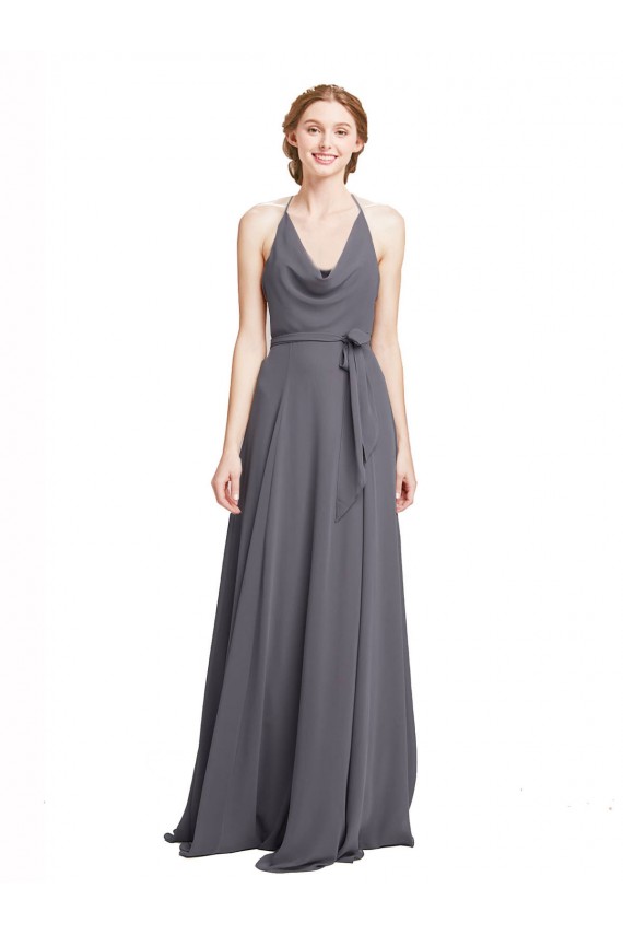 Sleeveless Slate Grey Spaghetti Straps Soft Chiffon A-Line Bridesmaid Dress Brisbane
