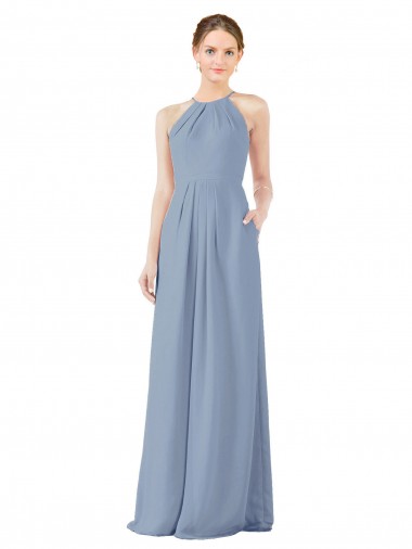 Sleeveless Dusty Blue Halter Neck Keyhole Back Soft Chiffon Sheath Bridesmaid Dress Brisbane