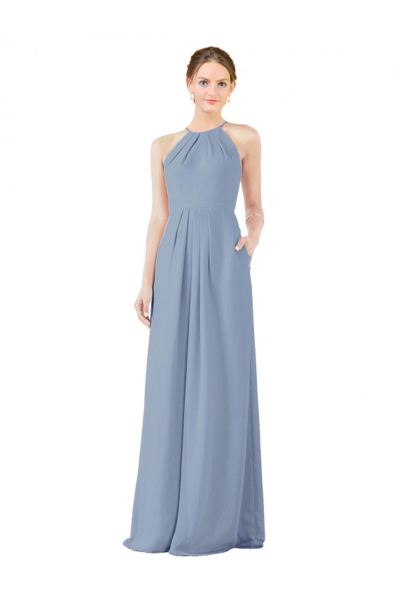 Sleeveless Dusty Blue Halter Neck Keyhole Back Soft Chiffon Sheath Bridesmaid Dress Brisbane
