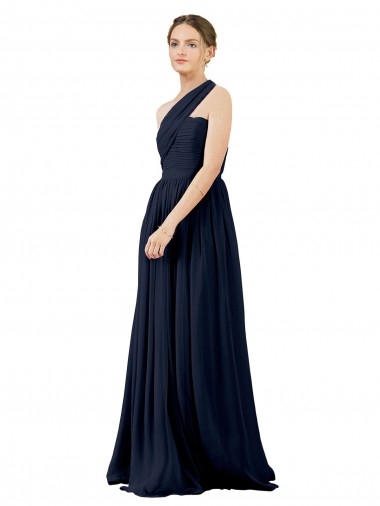 Sleeveless Dark Navy One Shoulder Chiffon A-Line Bridal Party Dress / Evening Dress Brisbane