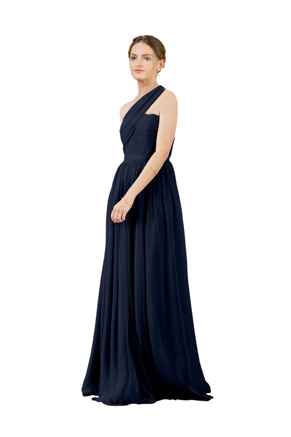 Sleeveless Dark Navy One Shoulder Chiffon A-Line Bridal Party Dress / Evening Dress Brisbane