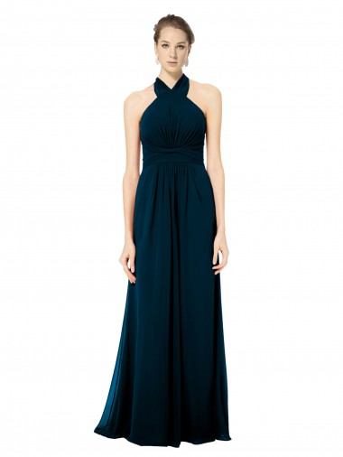 Sleeveless Midnight Green Halter Neck Open Back Soft Chiffon A-Line Formal Dress / Bridesmaid Dress Brisbane