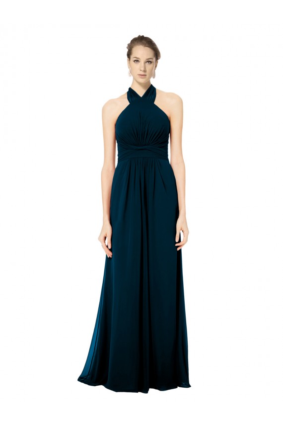 Sleeveless Midnight Green Halter Neck Open Back Soft Chiffon A-Line Formal Dress / Bridesmaid Dress Brisbane