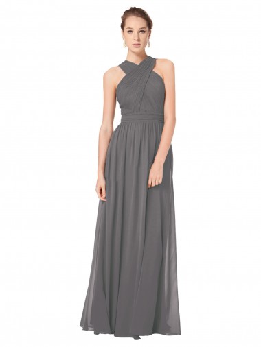 Sleeveless Stormy Silver Halter Neck Keyhole Back Soft Chiffon A-Line Bridesmaid Dress Brisbane