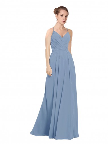 Sleeveless Dusty Blue V-Neck V-Back Soft Chiffon A-Line Evening Dress / Bridesmaid Dress Brisbane