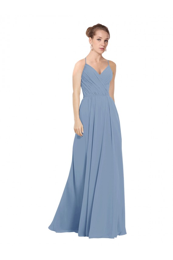 Sleeveless Dusty Blue V-Neck V-Back Soft Chiffon A-Line Evening Dress / Bridesmaid Dress Brisbane