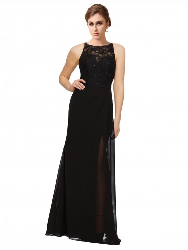 Sleeveless High Neck Soft Chiffon & Lace Sheath Bridesmaid Dress Brisbane