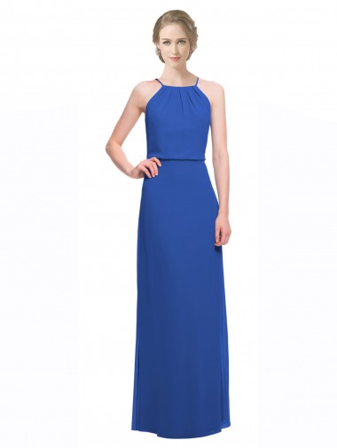 Sleeveless Blue Spaghetti Straps Low Back Soft Chiffon A-Line Bridesmaid Dress Brisbane