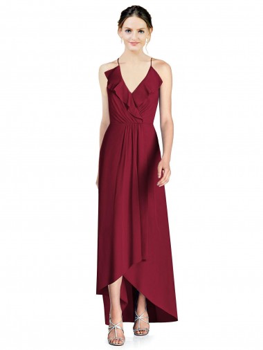 Sleeveless Burgundy Spaghetti Straps Open Back Soft Chiffon A-Line High Low Bridesmaid Dress Brisbane