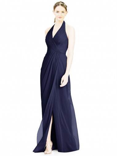 Sleeveless Dark Navy Halter Neck Open Back Soft Chiffon A-Line Formal Dress / Bridesmaid Dress Brisbane