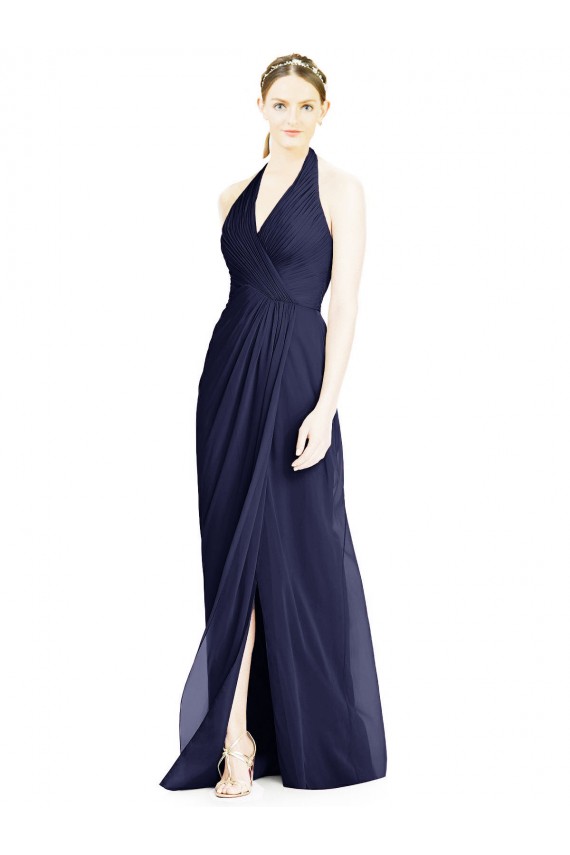 Sleeveless Dark Navy Halter Neck Open Back Soft Chiffon A-Line Formal Dress / Bridesmaid Dress Brisbane