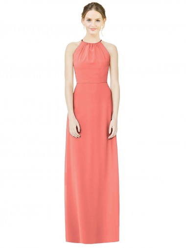 Sleeveless Coral Halter Neck Open Back Soft Chiffon A-Line Bridesmaid Dress Brisbane