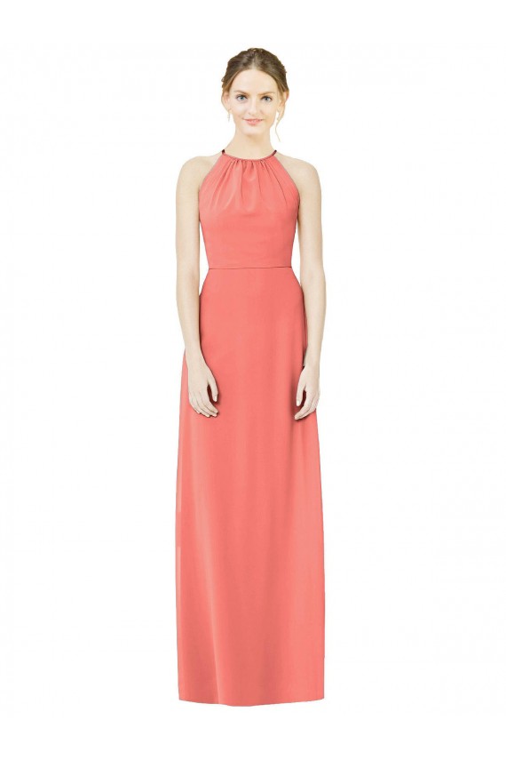 Sleeveless Coral Halter Neck Open Back Soft Chiffon A-Line Bridesmaid Dress Brisbane