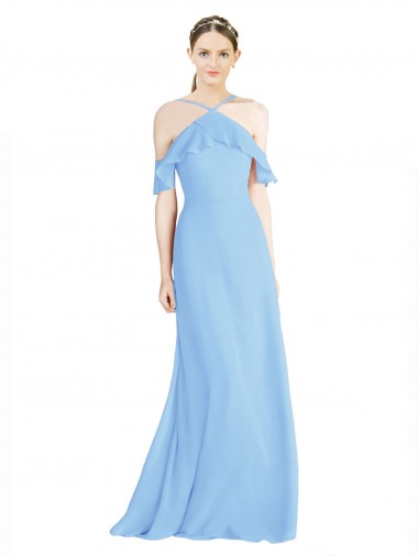 Cold Shoulder Halter Neck Low Back Soft Chiffon A-Line Formal Dress / Bridesmaid Dress Brisbane