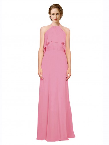Sleeveless Skin Pink Halter Neck Low Back Soft Chiffon A-Line Bridesmaid Dress Brisbane