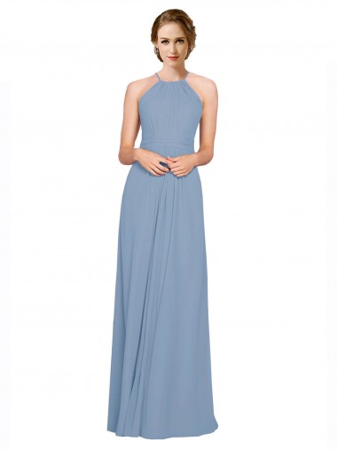 Sleeveless Dusty Blue Halter Neck Criss Cross Open Back Chiffon A-Line Bridesmaid Dress / Evening Dress Brisbane