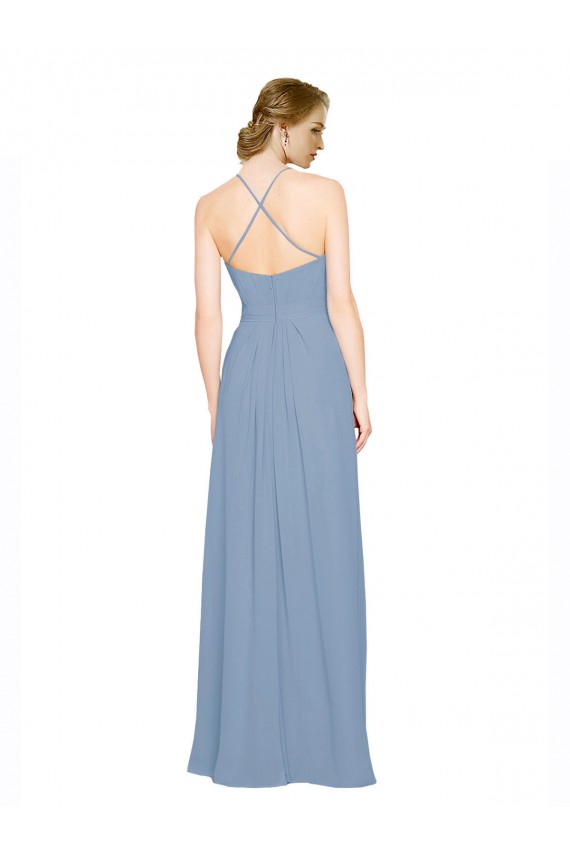 Sleeveless Dusty Blue Halter Neck Criss Cross Open Back Chiffon A-Line Bridesmaid Dress / Evening Dress Brisbane