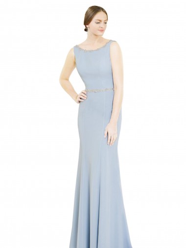 Sleeveless Light Sky Blue Boat Neck Low Back Soft Chiffon A-Line Bridesmaid Dress Brisbane