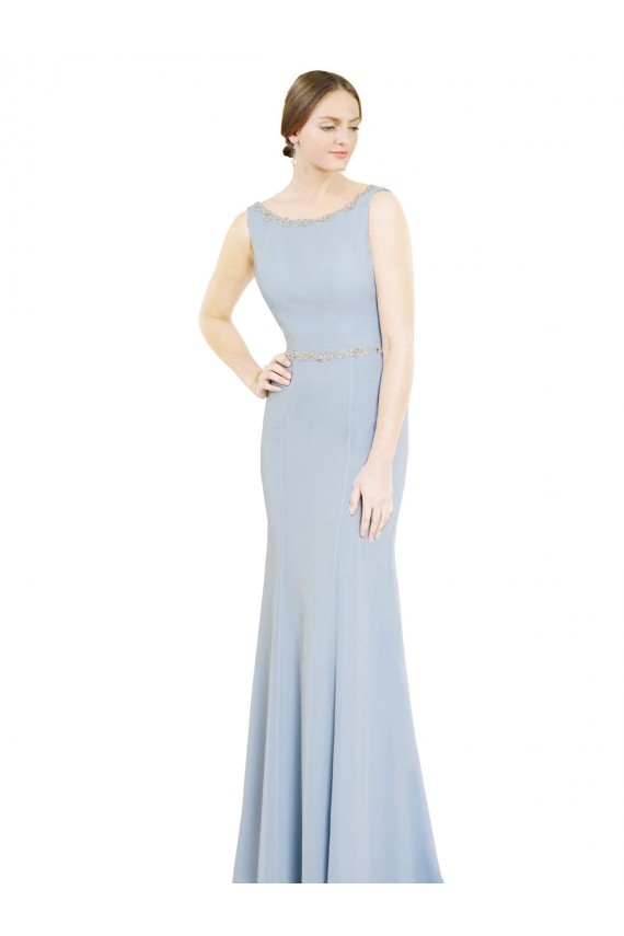 Sleeveless Light Sky Blue Boat Neck Low Back Soft Chiffon A-Line Bridesmaid Dress Brisbane