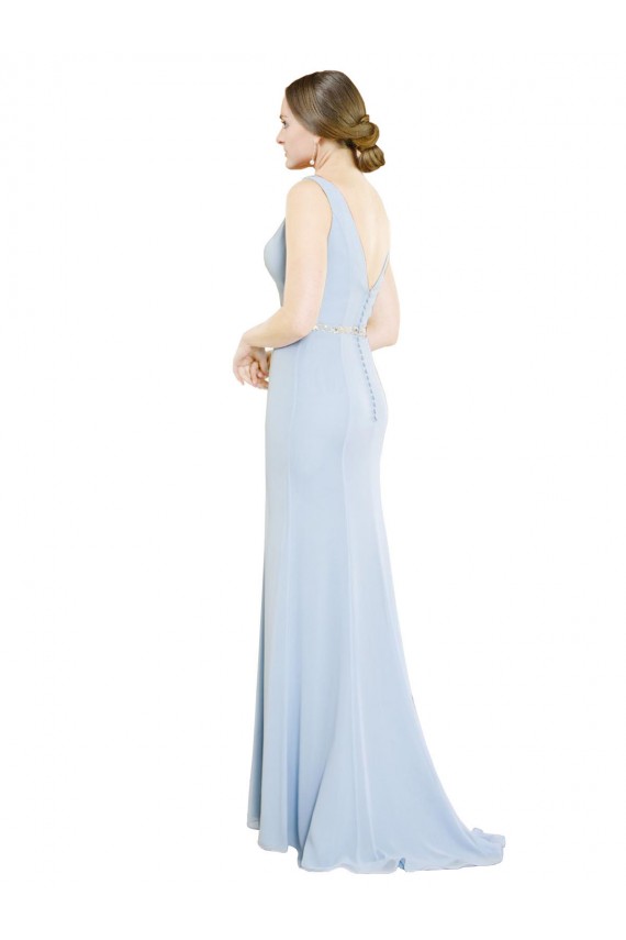Sleeveless Light Sky Blue Boat Neck Low Back Soft Chiffon A-Line Bridesmaid Dress Brisbane