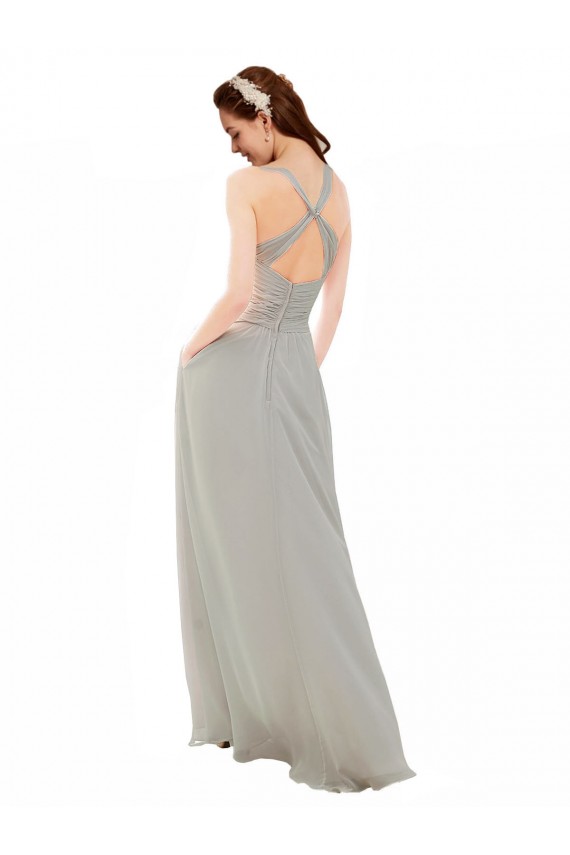 Sleeveless Silver Spaghetti Straps Criss Cross Back Soft Chiffon A-Line Bridesmaid Dress Brisbane