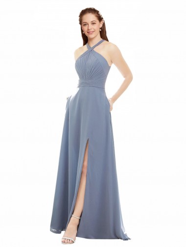 Sleeveless Halter Neck Soft Chiffon A-Line Evening Dress / Bridal Party Dress Brisbane