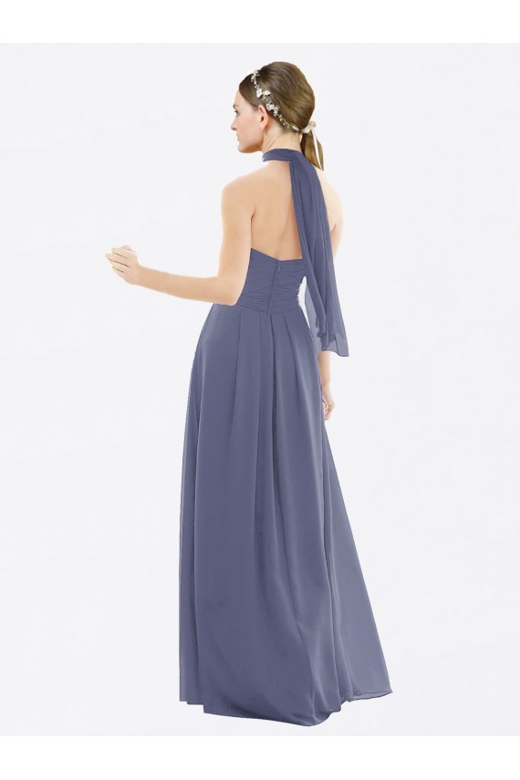 Sleeveless Silver Stone Halter Neck Low Back Soft Chiffon A-Line Bridesmaid Dress Brisbane