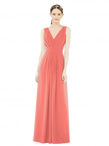 Sleeveless Coral V-Neck V-Back Soft Chiffon A-Line Bridesmaid Dress Brisbane