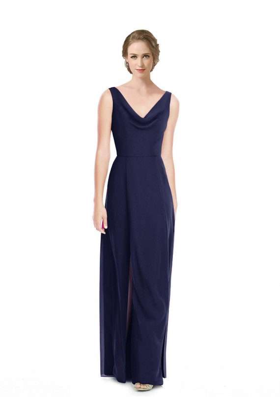 Sleeveless Dark Navy Cowl Neck V-Back Soft Chiffon A-Line Bridesmaid Dress Brisbane