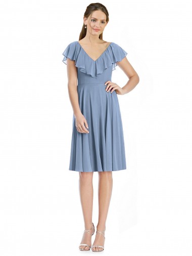 Cap Sleeves Dusty Blue V-Neck V-Back Soft Chiffon A-Line Bridesmaid Dress Brisbane