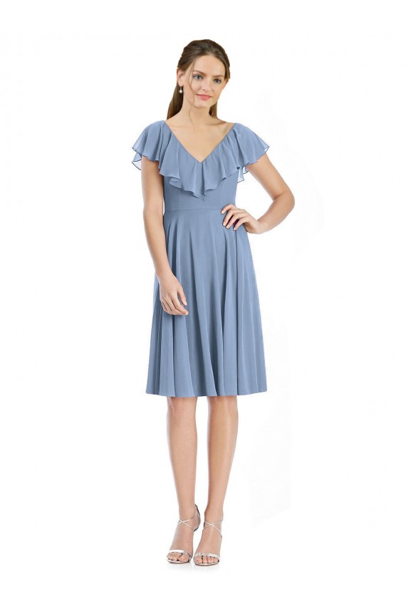 Cap Sleeves Dusty Blue V-Neck V-Back Soft Chiffon A-Line Bridesmaid Dress Brisbane