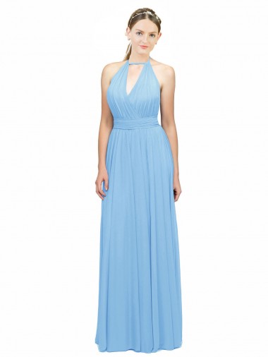 Sleeveless Periwinkle Halter Neck Open Back Soft Chiffon A-Line Bridesmaid Dress Brisbane