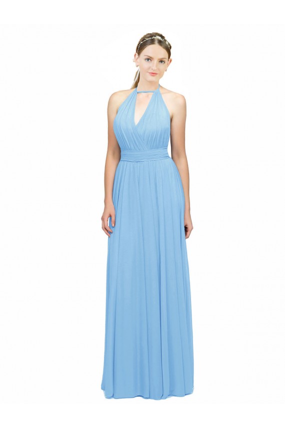 Sleeveless Periwinkle Halter Neck Open Back Soft Chiffon A-Line Bridesmaid Dress Brisbane