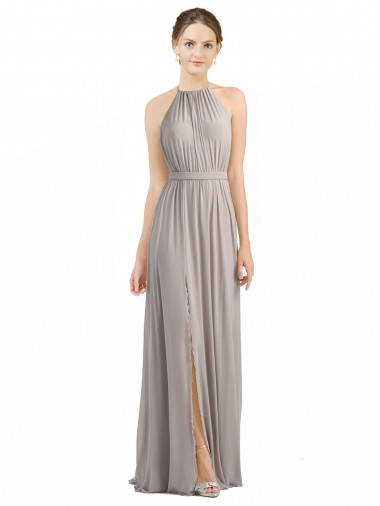 Sleeveless Oyster Silver Halter Neck Open Back Soft Chiffon A-Line Bridesmaid Dress Brisbane